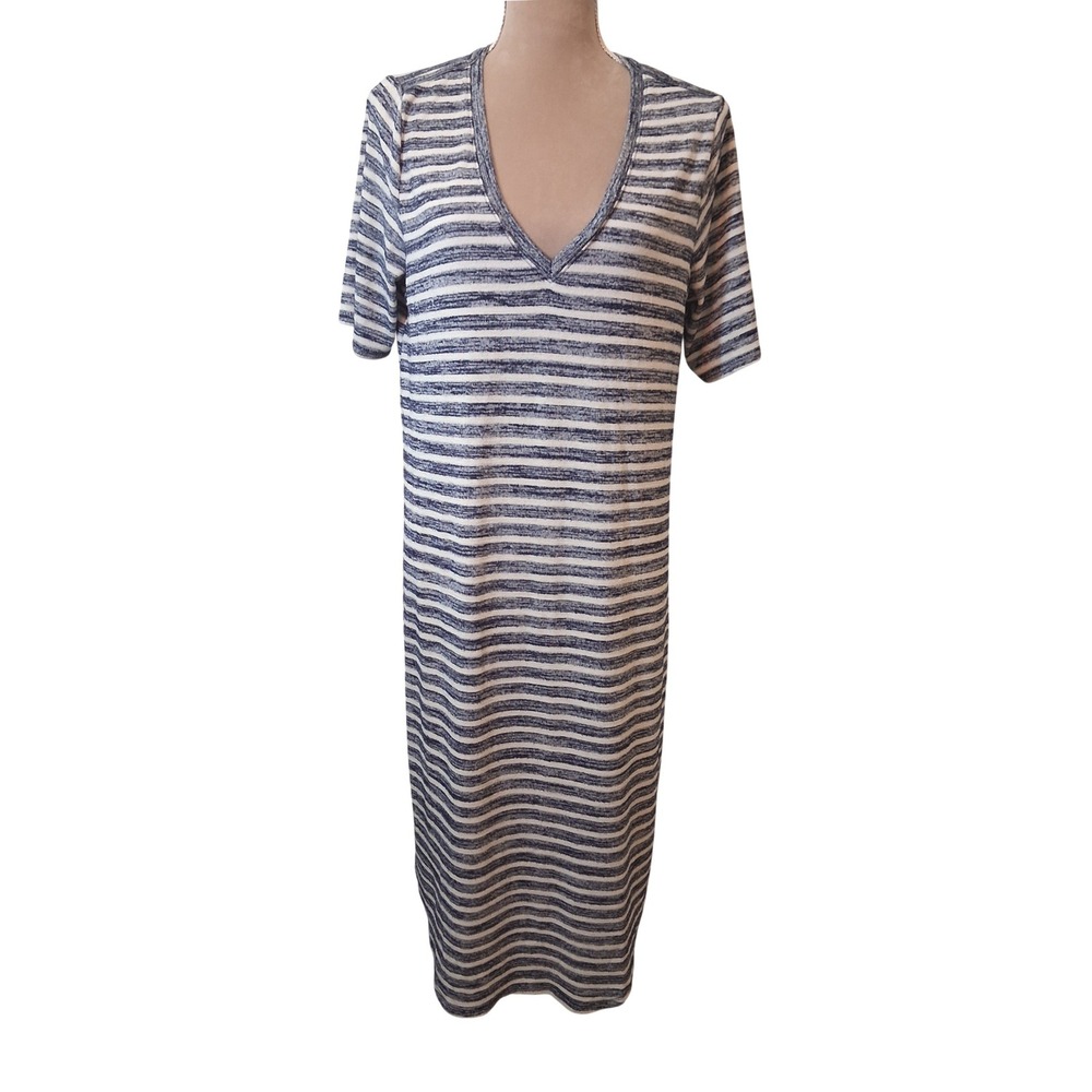 GAP Womens Large Blue White Striped V-Neck Short Sleeve Maxi T-Shirt Dress